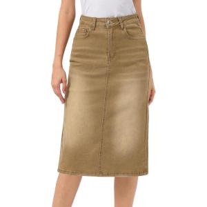 imageAllegra K Casual Denim Skirt for Womens High Waist Split Back Pockets Midi Jean SkirtsCamel
