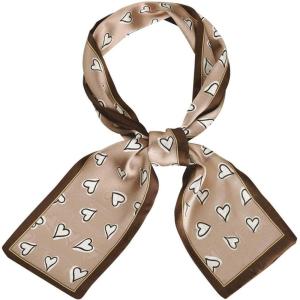 imageAllegra K Silky Skinny Scarves Ribbon Heart Print Long Hairband Handbag WrapBrown