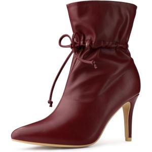 imageAllegra K Womens Pointed Toe Drawstring Pull on Stiletto Heel Ankle BootsBurgundy
