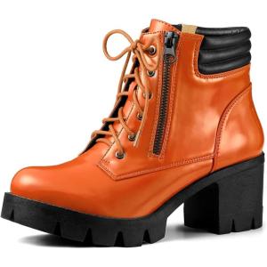 imageAllegra K Womens Round Toe Chunky Heel Lace Up Zipper Orange Combat Boots 6 M US
