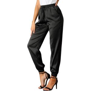 imageAllegra K Womens Satin Pants Drawstring Elastic Waist Straight Leg Ankle Length Dressy Joggers with PocketsBlack