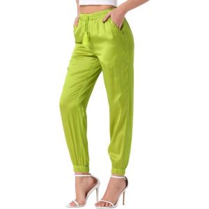imageAllegra K Womens Satin Pants Drawstring Elastic Waist Straight Leg Ankle Length Dressy Joggers with PocketsFluorescent Yellow