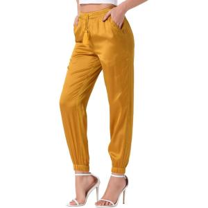 imageAllegra K Womens Satin Pants Drawstring Elastic Waist Straight Leg Ankle Length Dressy Joggers with PocketsGold
