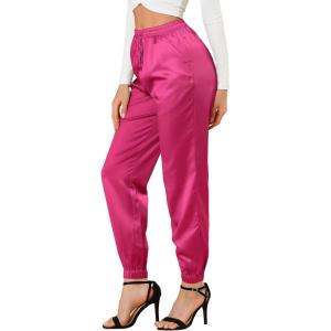 imageAllegra K Womens Satin Pants Drawstring Elastic Waist Straight Leg Ankle Length Dressy Joggers with PocketsHot Pink