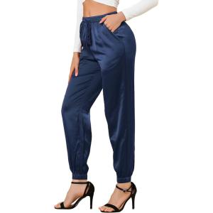 imageAllegra K Womens Satin Pants Drawstring Elastic Waist Straight Leg Ankle Length Dressy Joggers with PocketsRoyal Blue