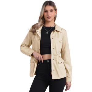 imageAllegra K Womens Utility Jacket Zip Up Drawstring Waist Snap Buttons Lightweight Anorak Jackets with PocketsBeige
