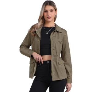 imageAllegra K Womens Utility Jacket Zip Up Drawstring Waist Snap Buttons Lightweight Anorak Jackets with PocketsGrey Army Green