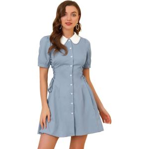 imageAllegra K Womens Vintage Peter Pan Collar Lace Up Button Down A Line DressBlue