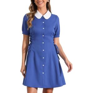 imageAllegra K Womens Vintage Peter Pan Collar Lace Up Button Down A Line DressDark Blue