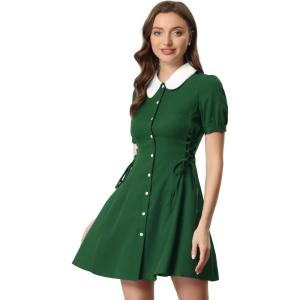 imageAllegra K Womens Vintage Peter Pan Collar Lace Up Button Down A Line DressGreen