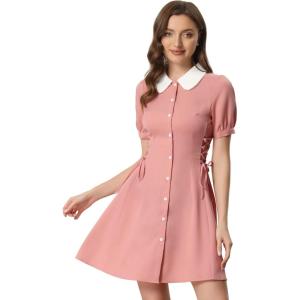 imageAllegra K Womens Vintage Peter Pan Collar Lace Up Button Down A Line DressPink