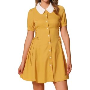 imageAllegra K Womens Vintage Peter Pan Collar Lace Up Button Down A Line DressYellow