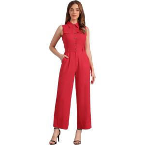 imageAllegra K Womens Wide Leg Jumpsuit 2026 Sleeveless Collared Tie Waist Coverall Button Down Cargo JumpsuitsRed