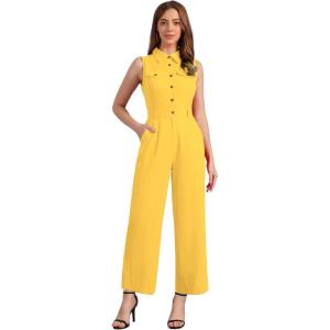 imageAllegra K Womens Wide Leg Jumpsuit 2026 Sleeveless Collared Tie Waist Coverall Button Down Cargo JumpsuitsYellow