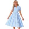 imageAllegra K Gingham Dress for Women 2026 Summer Short Sleeve Ruffle Trim V Neck Button Decor Flowy Midi DressesBlue