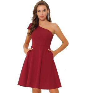 imageAllegra K Evening Cocktail Dress for Womens Valentines Day Elegant Flared One Shoulder Formal DressesRed