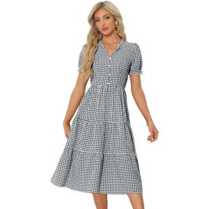 imageAllegra K Gingham Dress for Women 2026 Summer Short Sleeve Ruffle Trim V Neck Button Decor Flowy Midi DressesBlack
