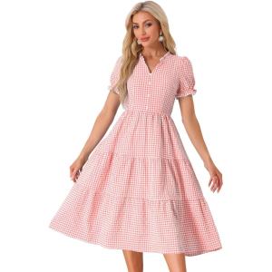 imageAllegra K Gingham Dress for Women 2026 Summer Short Sleeve Ruffle Trim V Neck Button Decor Flowy Midi DressesPink