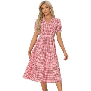 imageAllegra K Gingham Dress for Women 2026 Summer Short Sleeve Ruffle Trim V Neck Button Decor Flowy Midi DressesRed