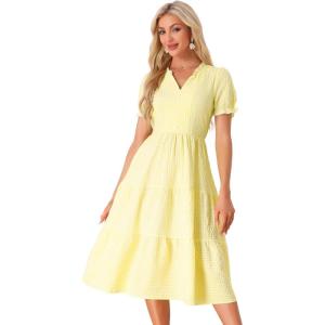 imageAllegra K Gingham Dress for Women 2026 Summer Short Sleeve Ruffle Trim V Neck Button Decor Flowy Midi DressesYellow