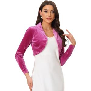 imageAllegra K Long Sleeve Shrug Top for Womens Lapel Collar Velvet Christmas Open Front Cropped CardiganRose Pink