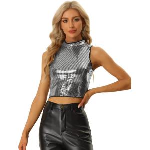 imageAllegra K Metallic Crop Top for Womens Sleeveless Halloween Sparkly Sequin TopsDark Silver