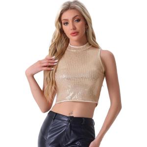 imageAllegra K Metallic Crop Top for Womens Sleeveless Halloween Sparkly Sequin TopsRose Gold