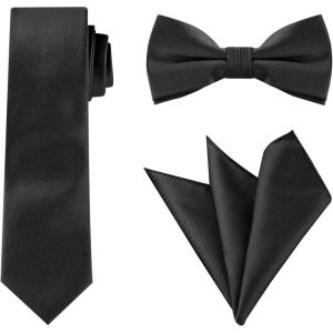 imageAllegra K Necktie PreTied Bowtie and Pocket Square Set Ties for Wedding BusinessBlack