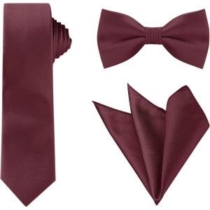 imageAllegra K Necktie PreTied Bowtie and Pocket Square Set Ties for Wedding BusinessWine Red
