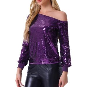 imageAllegra K Sparkly Sequin Top for Womens Halloween OffShoulder Long Sleeve Party TopsDark Purple