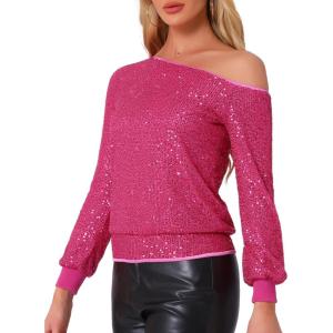 imageAllegra K Sparkly Sequin Top for Womens Halloween OffShoulder Long Sleeve Party TopsHot Pink