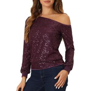 imageAllegra K Sparkly Sequin Top for Womens Halloween OffShoulder Long Sleeve Party TopsPurple