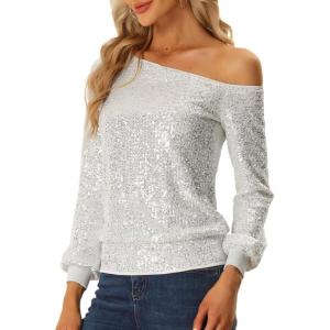 imageAllegra K Sparkly Sequin Top for Womens Halloween OffShoulder Long Sleeve Party TopsSilver