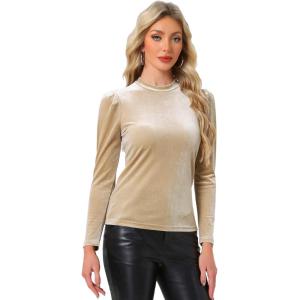 imageAllegra K Velvet Tops for Womens Puff Long Sleeve Mock Neck Vintage Christmas Shiny Metallic BlouseBeige