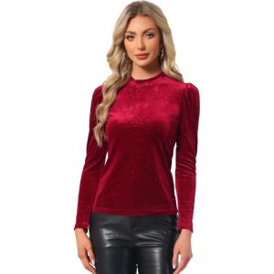 imageAllegra K Velvet Tops for Womens Puff Long Sleeve Mock Neck Vintage Christmas Shiny Metallic BlouseBurgundy