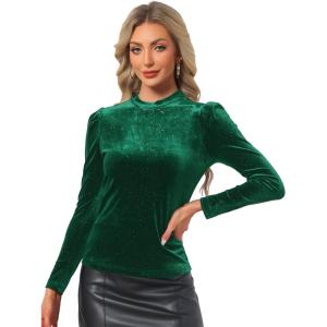 imageAllegra K Velvet Tops for Womens Puff Long Sleeve Mock Neck Vintage Christmas Shiny Metallic BlouseDark Green