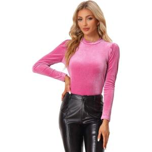 imageAllegra K Velvet Tops for Womens Puff Long Sleeve Mock Neck Vintage Christmas Shiny Metallic BlouseHot Pink