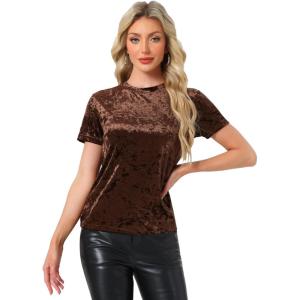 imageAllegra K Womens Christmas Velvet Top Crew Neck Short Sleeve Casual TShirtDark Brown