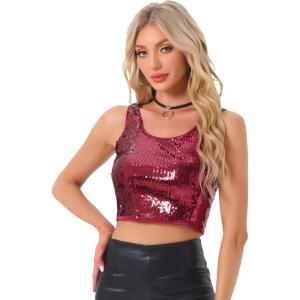 imageAllegra K Womens Sequin Tops Metallic Sparkle Glitter Sleeveless Camisole Tank Top Party Club Crop TopsWine Red