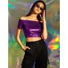 imageAllegra K Womens Halloween Off Shoulder Party Club Slim Fit Shiny Metallic Crop TopPurple