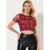 imageAllegra K Womens Sequin Shiny Glitter Crop Top Christmas Short Sleeves Sexy Party Tassel TShirtBurgundy