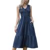 imageAllegra K Sleeveless Dress for Women V Neck Bow Tie Smocked A Line Summer Casual Tiered Midi DressesDark Blue