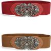 imageAllegra K Womens Elastic Wide Waist Belts Floral Metal Buckle Stretchy Belts for DressesBrown  Red