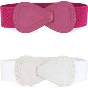 imageAllegra K 2Pcs Womens Plus Size Stretchy Waist Belt 8shaped Faux Leather Elastic Dress BeltsWhite  Rose Red