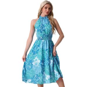 imageAllegra K Boho Summer Dress for Womens Halter Neck Sleeveless Casual Floral Print Sundress Midi DressesBlue Green