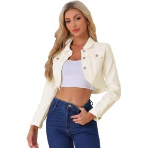 imageAllegra K Denim Jacket for Womens 2025 Casual Collared Long Sleeve Crop Jean JacketsBeige