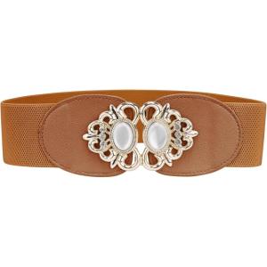 imageAllegra K Lady 236 Width Elastic Belts Faux Leather Opal Beaded Rhinestone Inlaid Stretchy Cinch Waistband for DressCamel