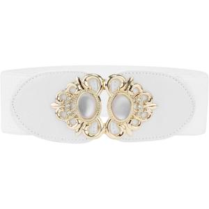 imageAllegra K Lady 236 Width Elastic Belts Faux Leather Opal Beaded Rhinestone Inlaid Stretchy Cinch Waistband for DressWhite