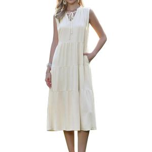 imageAllegra K Linen Dress for Women Sleeveless V Neck Bow Tie Ruffle Collar Flowy Tiered Midi DressesApricot