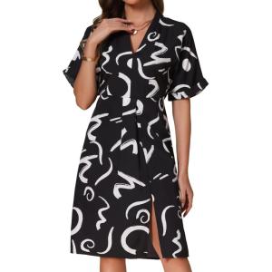 imageAllegra K Printed Dresses for Womens Short Sleeve V Neck High Waist Split Casual Knee Length DressBlack White